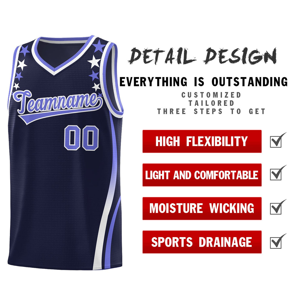 Custom Navy Shoulders Star Pattern Side Color Block Sports Uniform Basketball Kits