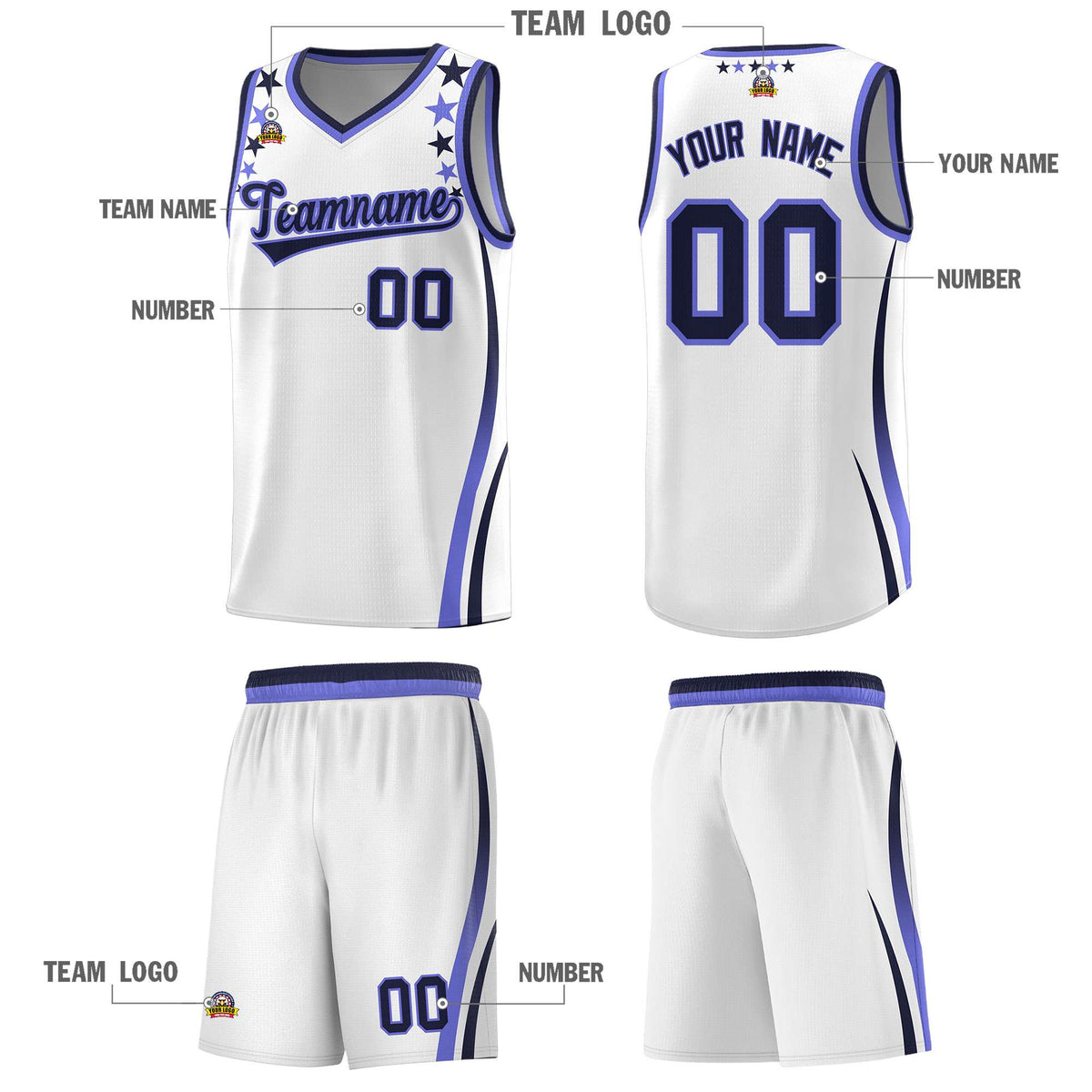 Custom White Shoulders Star Pattern Side Color Block Sports Uniform Basketball Kits