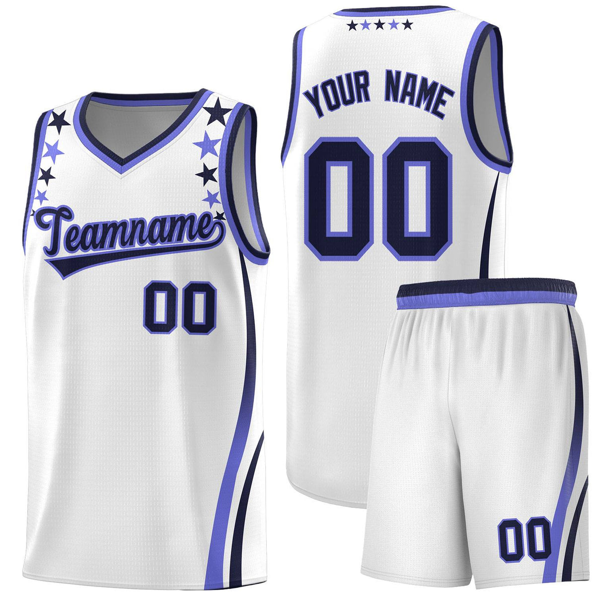 Custom White Shoulders Star Pattern Side Color Block Sports Uniform Basketball Kits