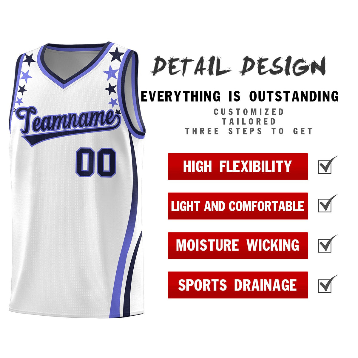 Custom White Shoulders Star Pattern Side Color Block Sports Uniform Basketball Kits