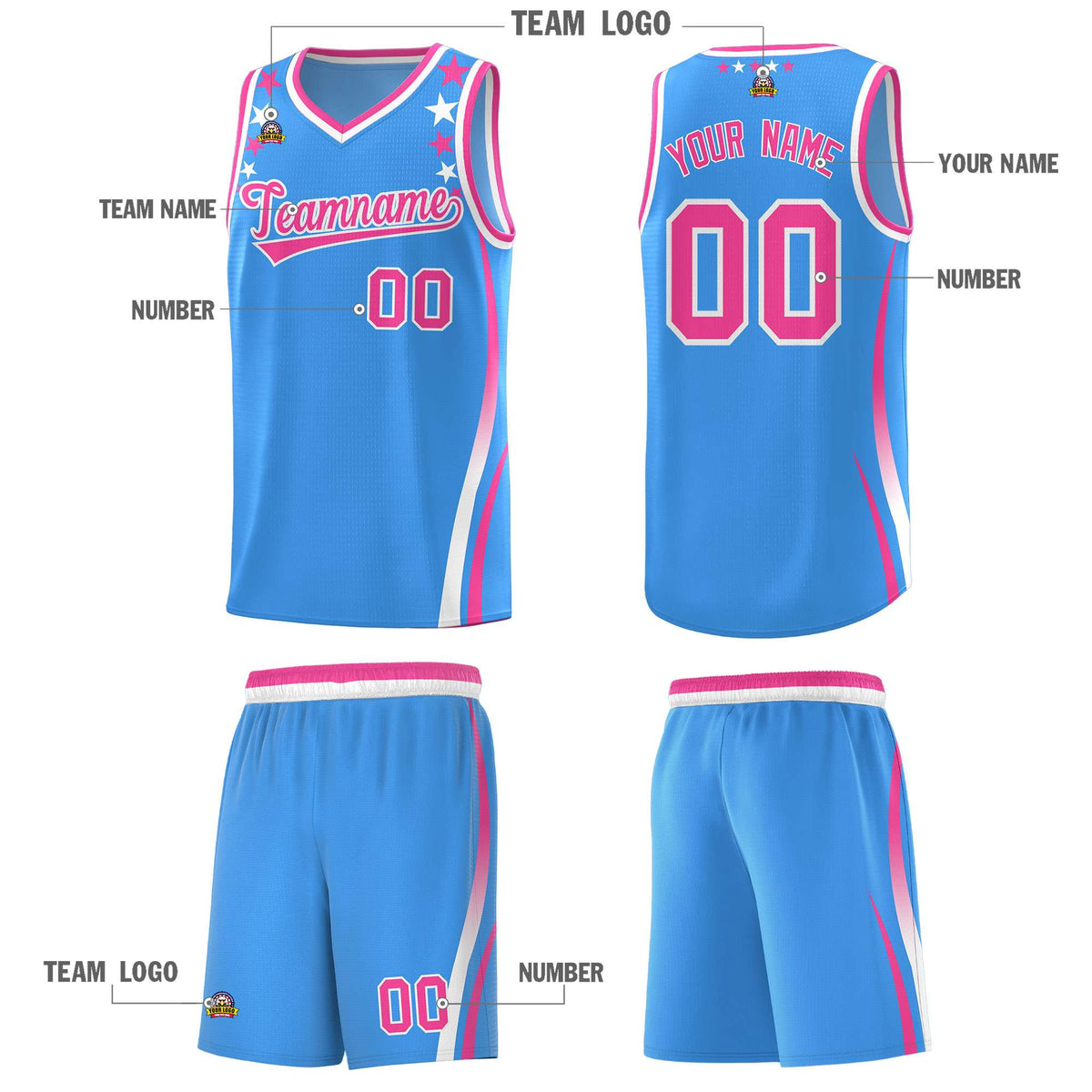 Custom Light Blue Shoulders Star Pattern Side Color Block Sports Uniform Basketball Kits