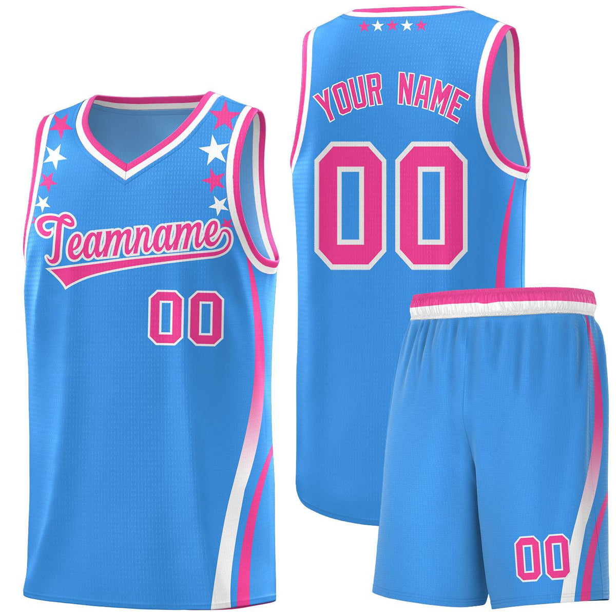 Custom Light Blue Shoulders Star Pattern Side Color Block Sports Uniform Basketball Kits