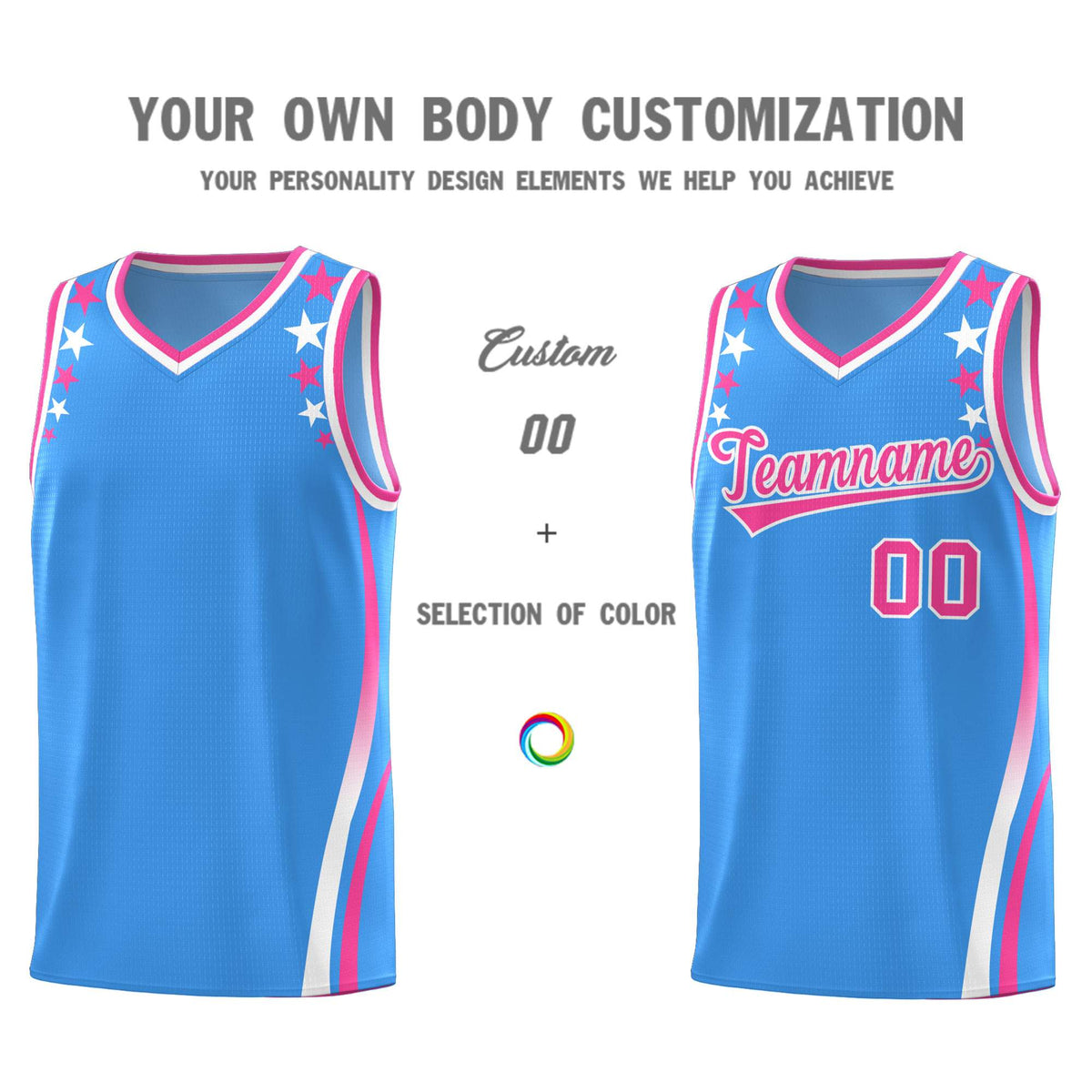 Custom Light Blue Shoulders Star Pattern Side Color Block Sports Uniform Basketball Kits