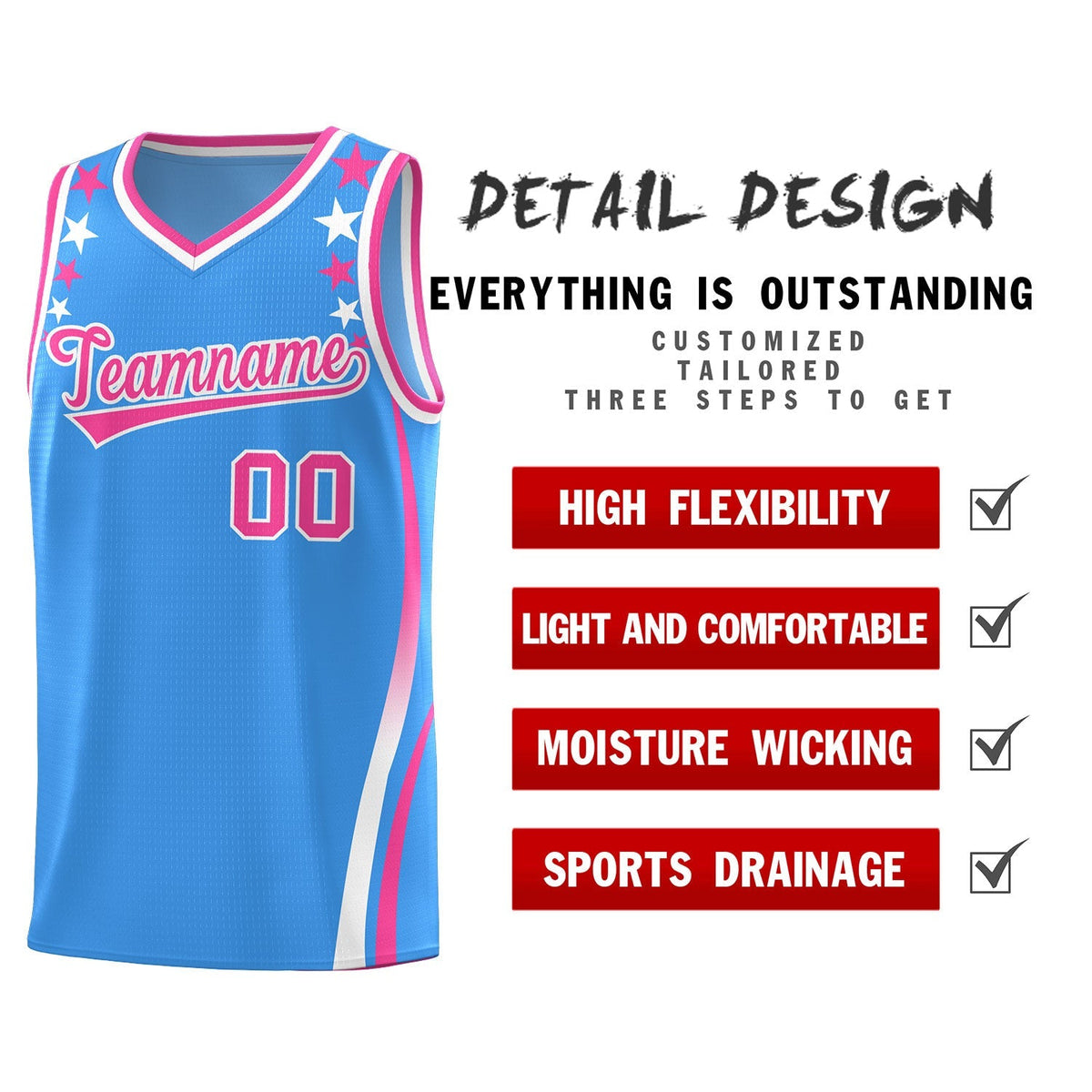 Custom Light Blue Shoulders Star Pattern Side Color Block Sports Uniform Basketball Kits