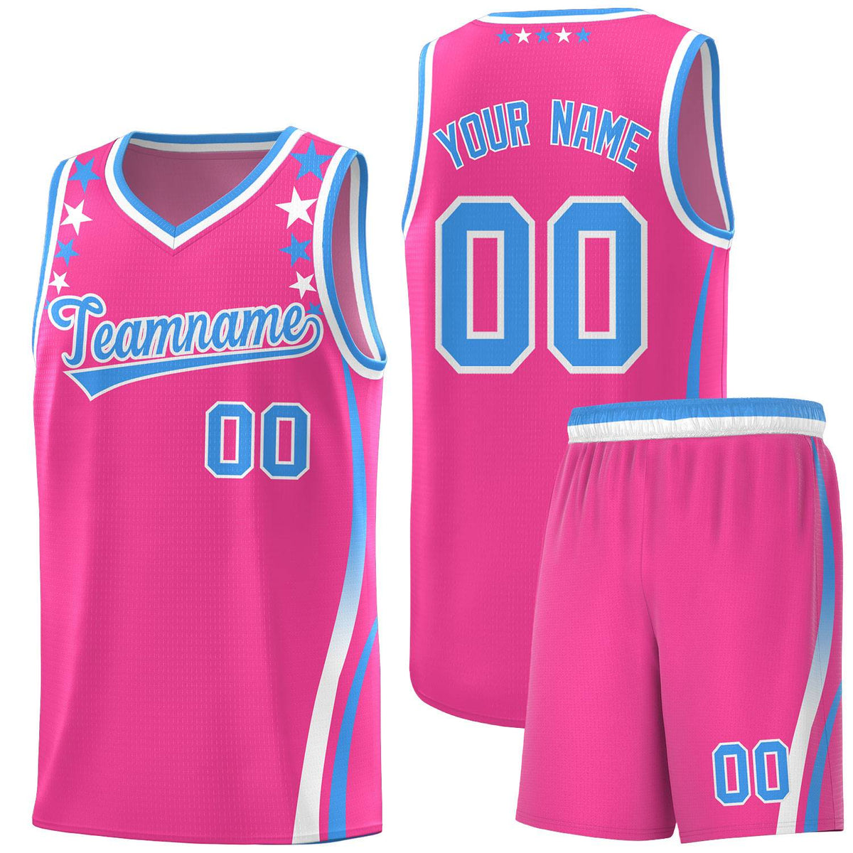 Custom Pink Shoulders Star Pattern Side Color Block Sports Uniform Basketball Kits