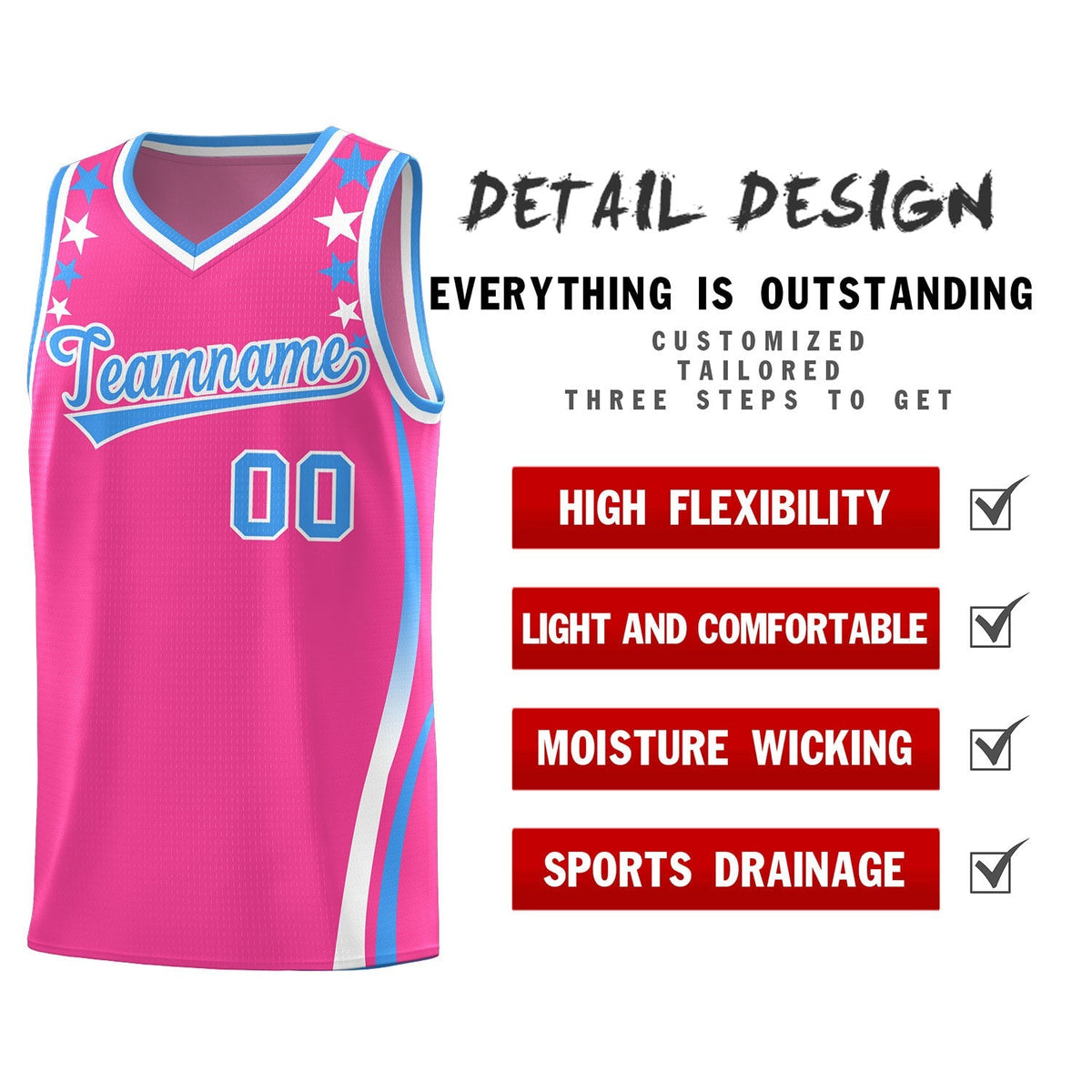 Custom Pink Shoulders Star Pattern Side Color Block Sports Uniform Basketball Kits