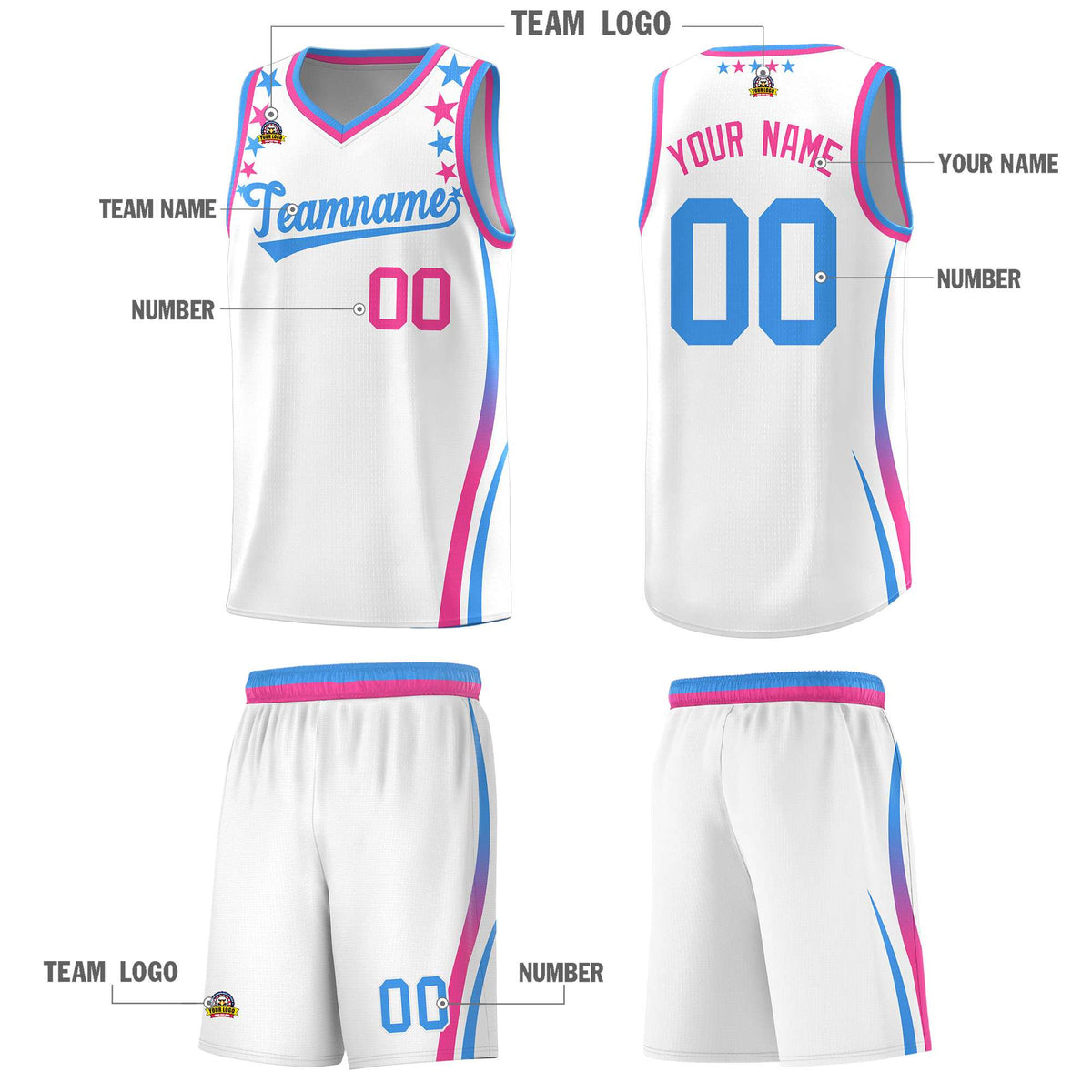 Custom White Shoulders Star Pattern Side Color Block Sports Uniform Basketball Kits
