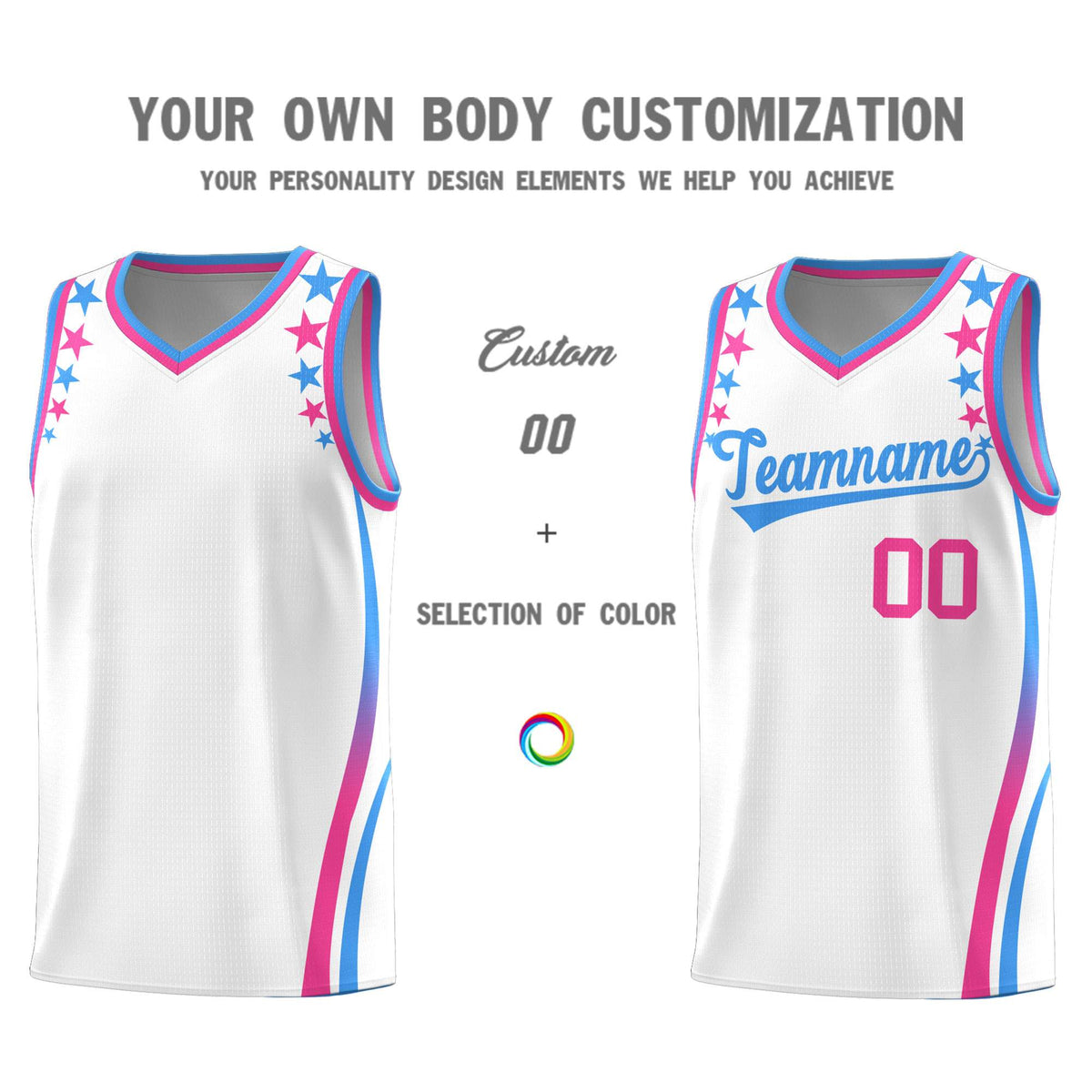 Custom White Shoulders Star Pattern Side Color Block Sports Uniform Basketball Kits