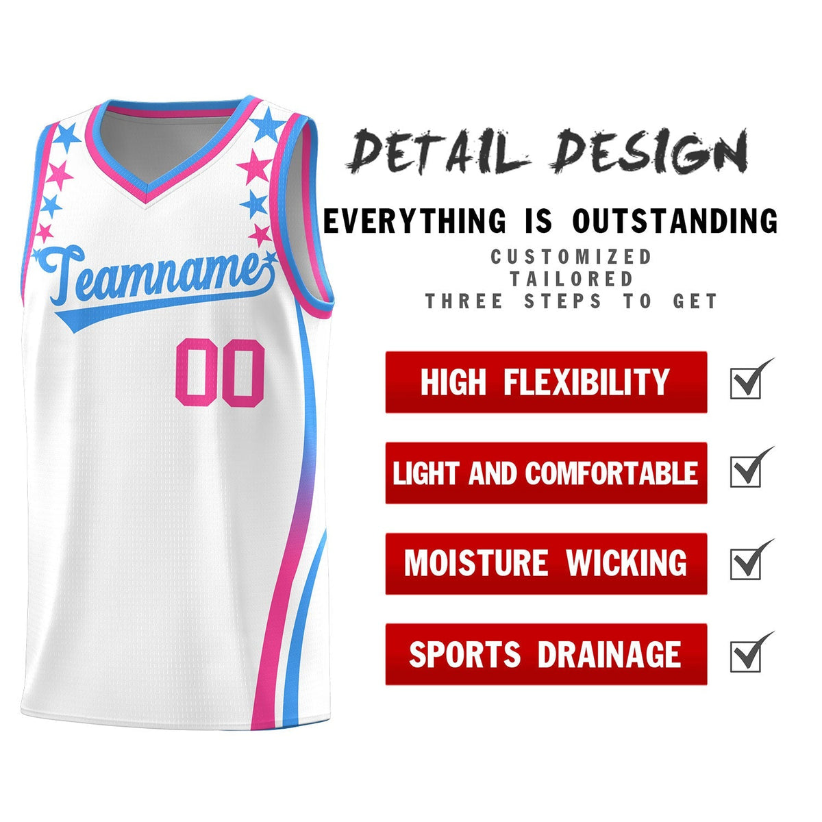 Custom White Shoulders Star Pattern Side Color Block Sports Uniform Basketball Kits