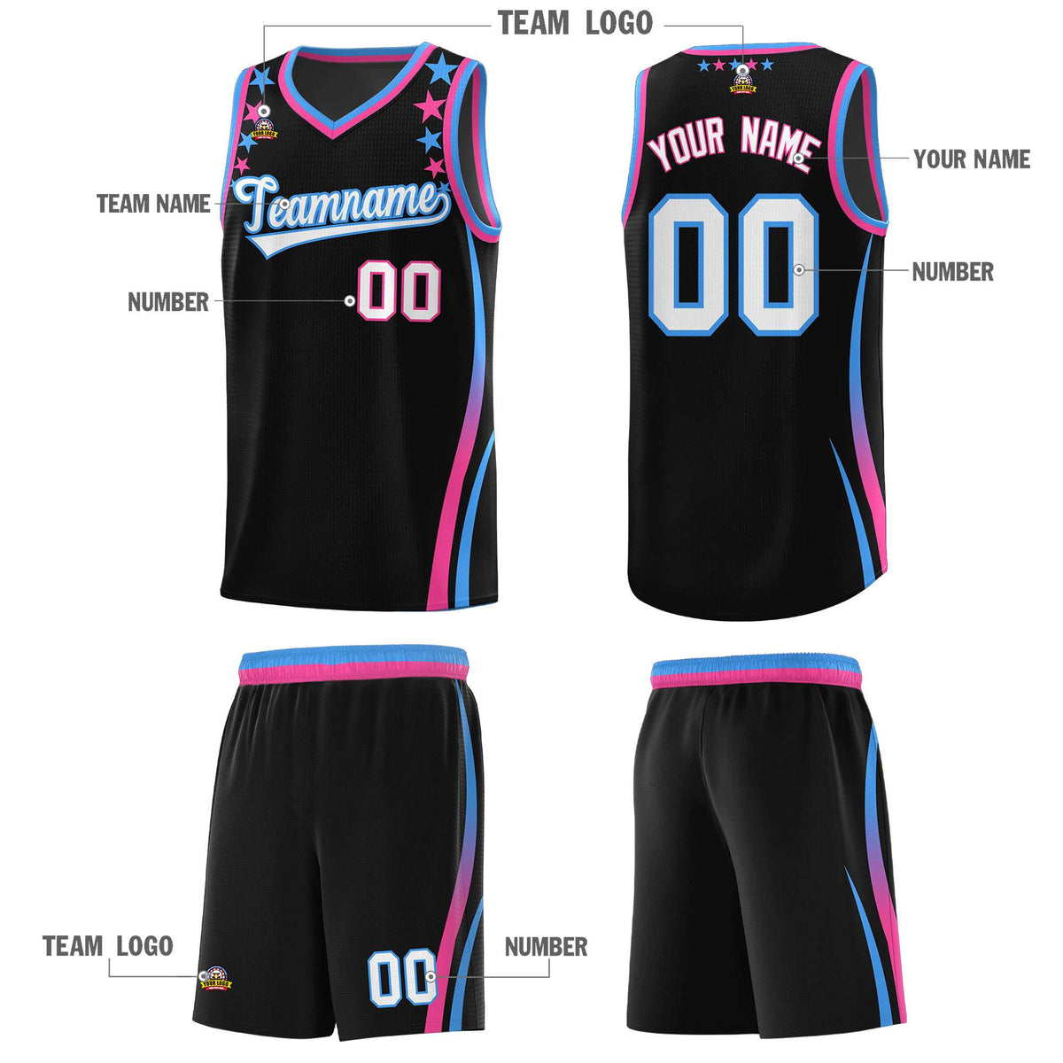 Custom Black Shoulders Star Pattern Side Color Block Sports Uniform Basketball Kits