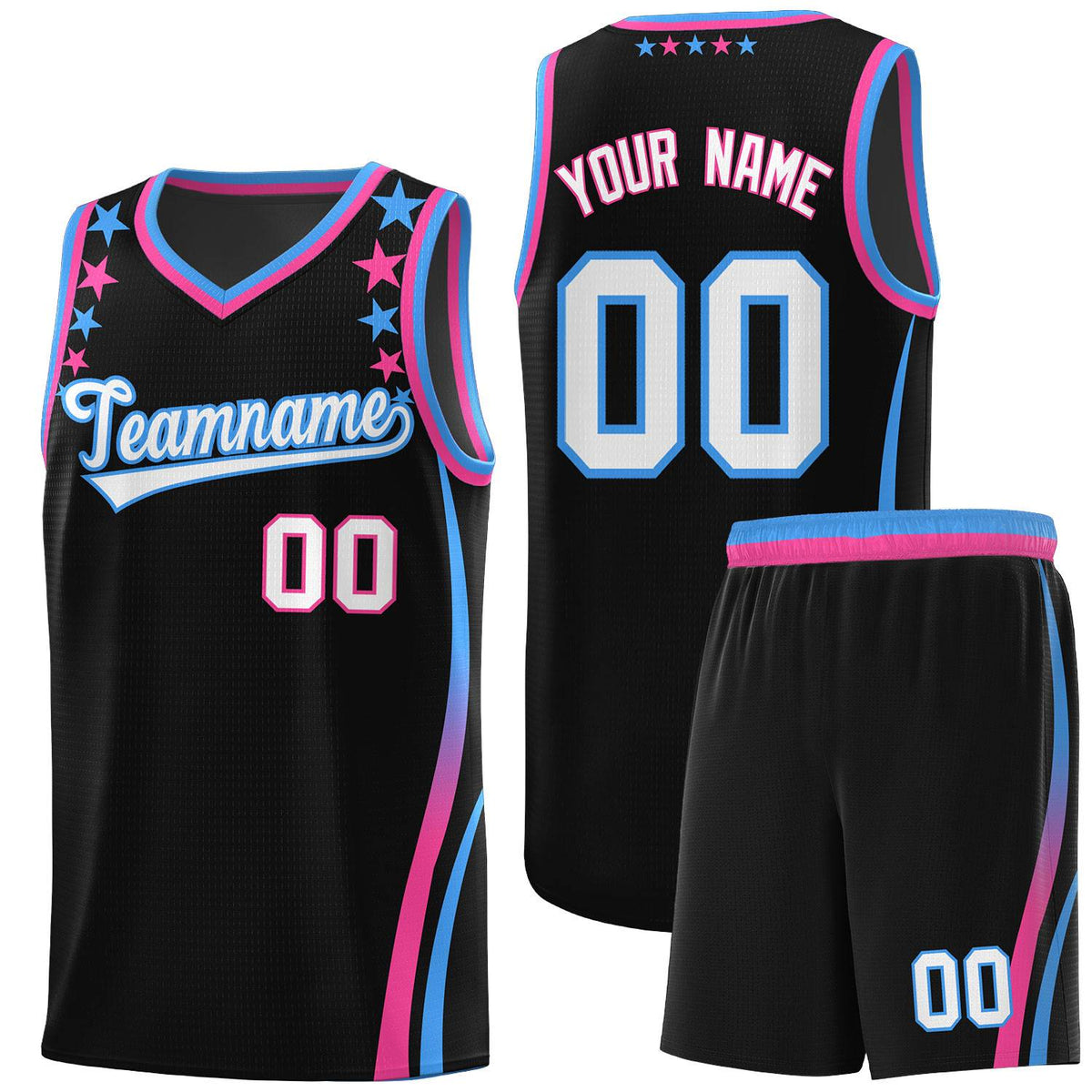 Custom Black Shoulders Star Pattern Side Color Block Sports Uniform Basketball Kits