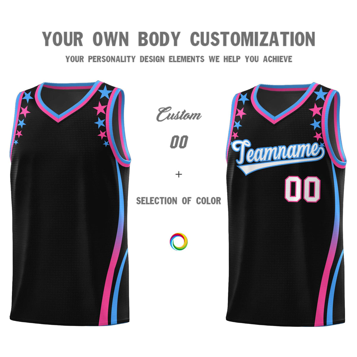 Custom Black Shoulders Star Pattern Side Color Block Sports Uniform Basketball Kits