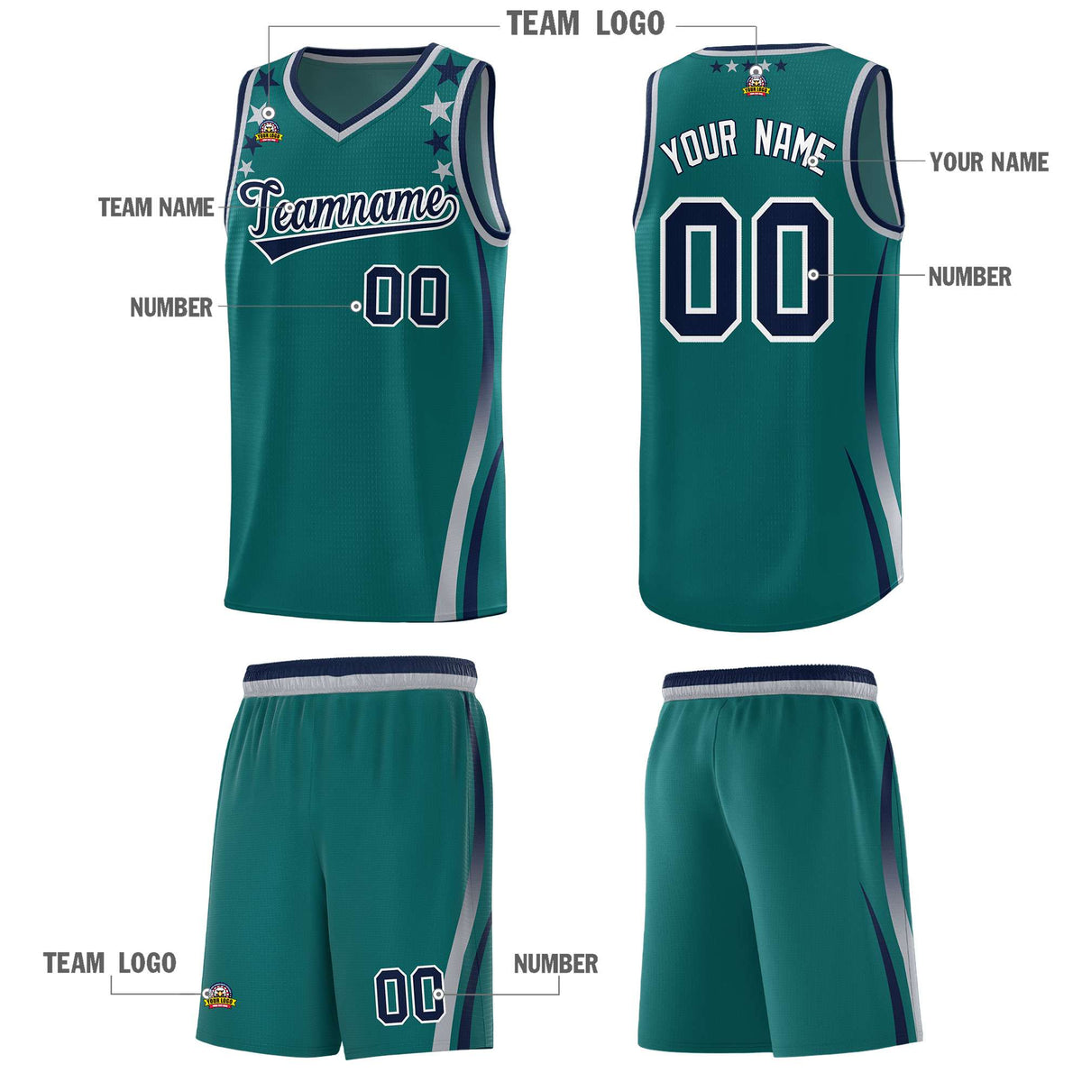 Custom Aqua Shoulders Star Pattern Side Color Block Sports Uniform Basketball Kits