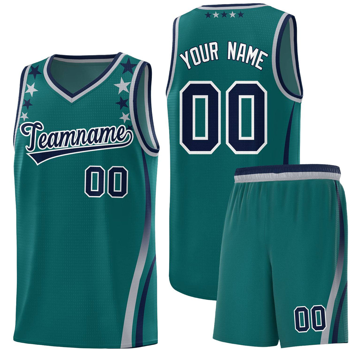 Custom Aqua Shoulders Star Pattern Side Color Block Sports Uniform Basketball Kits
