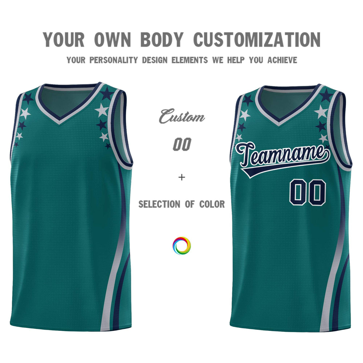 Custom Aqua Shoulders Star Pattern Side Color Block Sports Uniform Basketball Kits