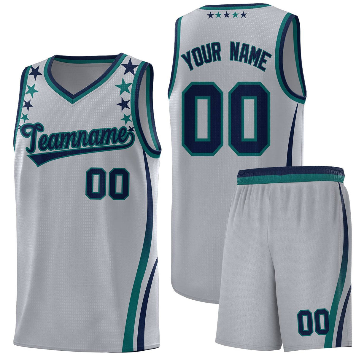 Custom Gray Shoulders Star Pattern Side Color Block Sports Uniform Basketball Kits