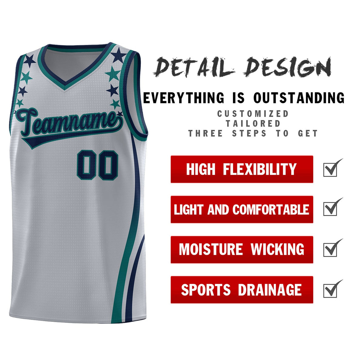 Custom Gray Shoulders Star Pattern Side Color Block Sports Uniform Basketball Kits