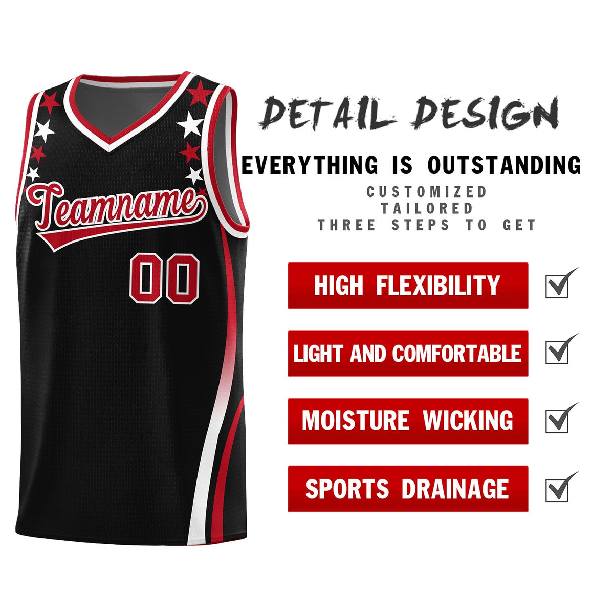 Custom Black Shoulders Star Pattern Side Color Block Sports Uniform Basketball Kits