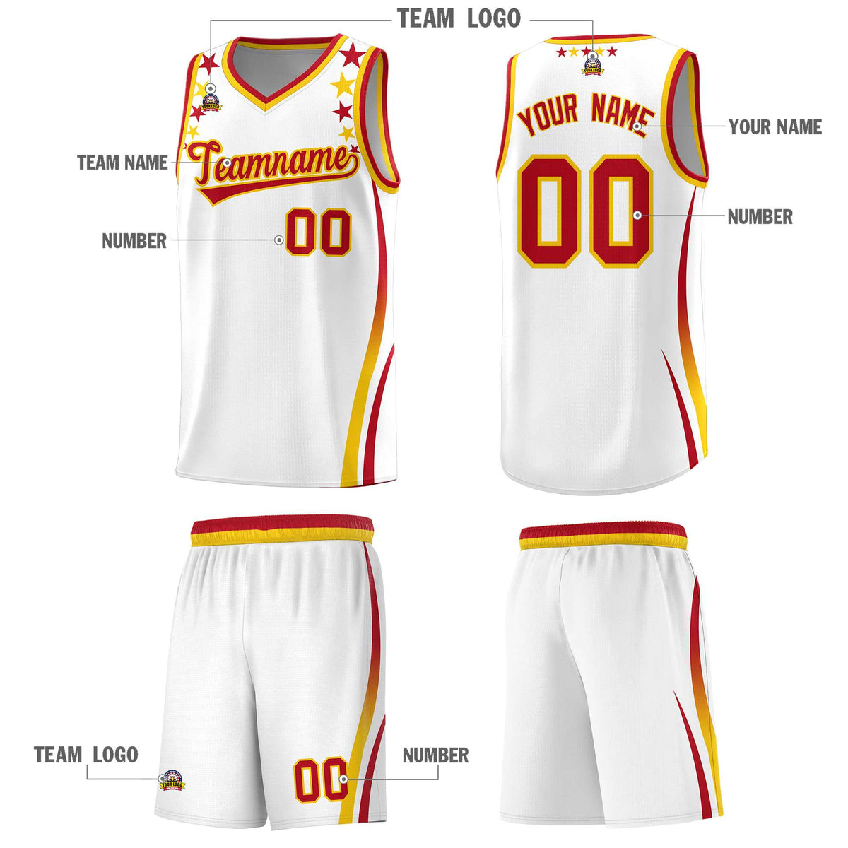 Custom White Shoulders Star Pattern Side Color Block Sports Uniform Basketball Kits