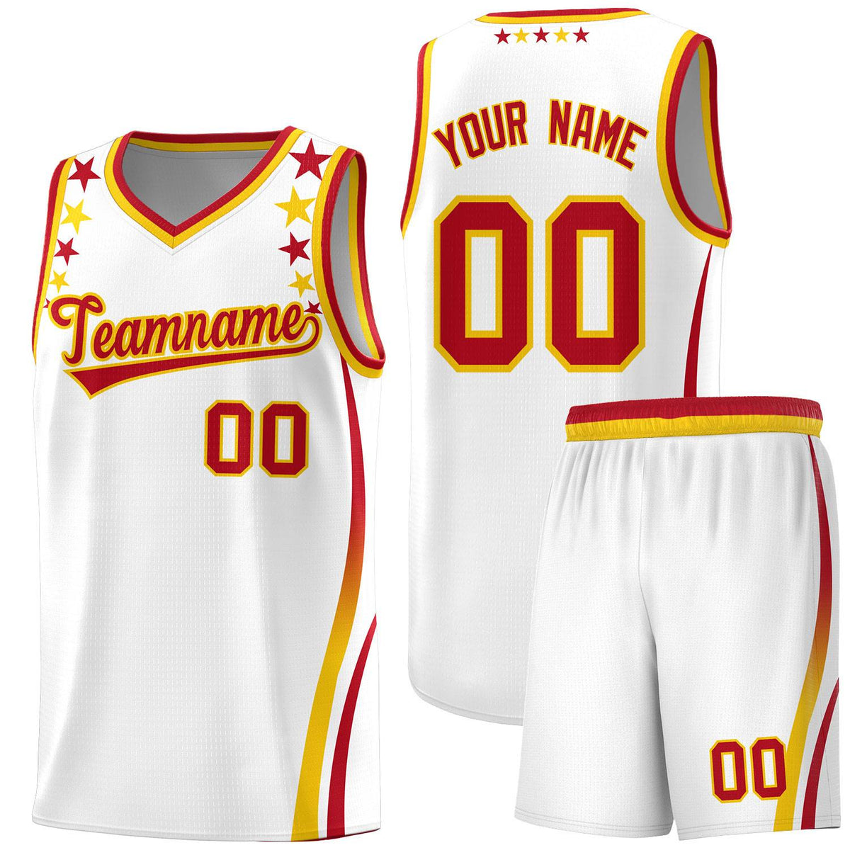 Custom White Shoulders Star Pattern Side Color Block Sports Uniform Basketball Kits