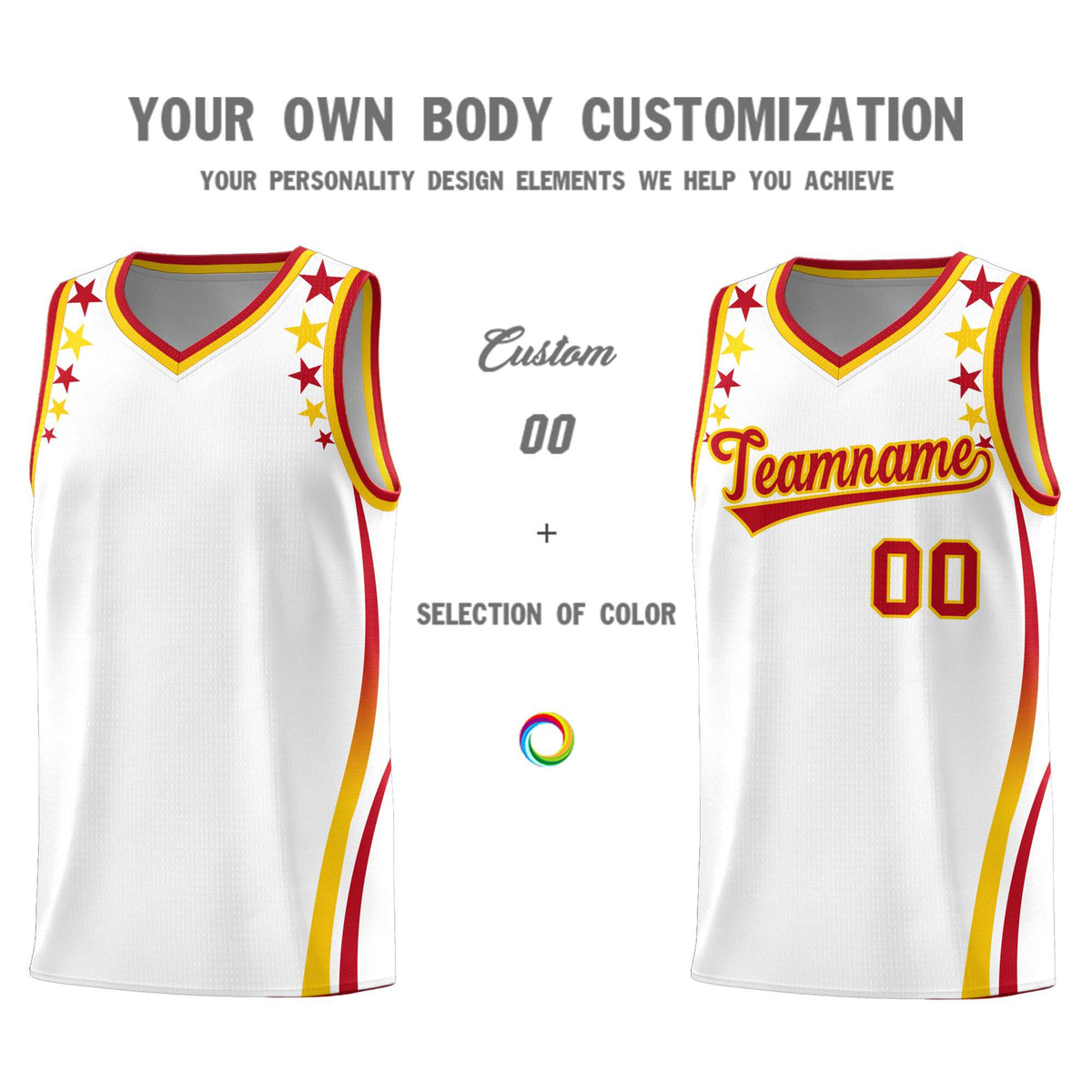 Custom White Shoulders Star Pattern Side Color Block Sports Uniform Basketball Kits