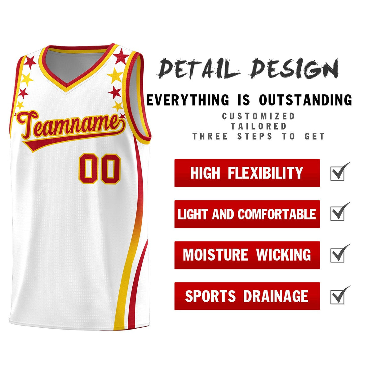 Custom White Shoulders Star Pattern Side Color Block Sports Uniform Basketball Kits