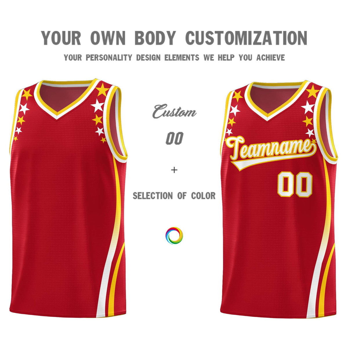 Custom Red Shoulders Star Pattern Side Color Block Sports Uniform Basketball Kits