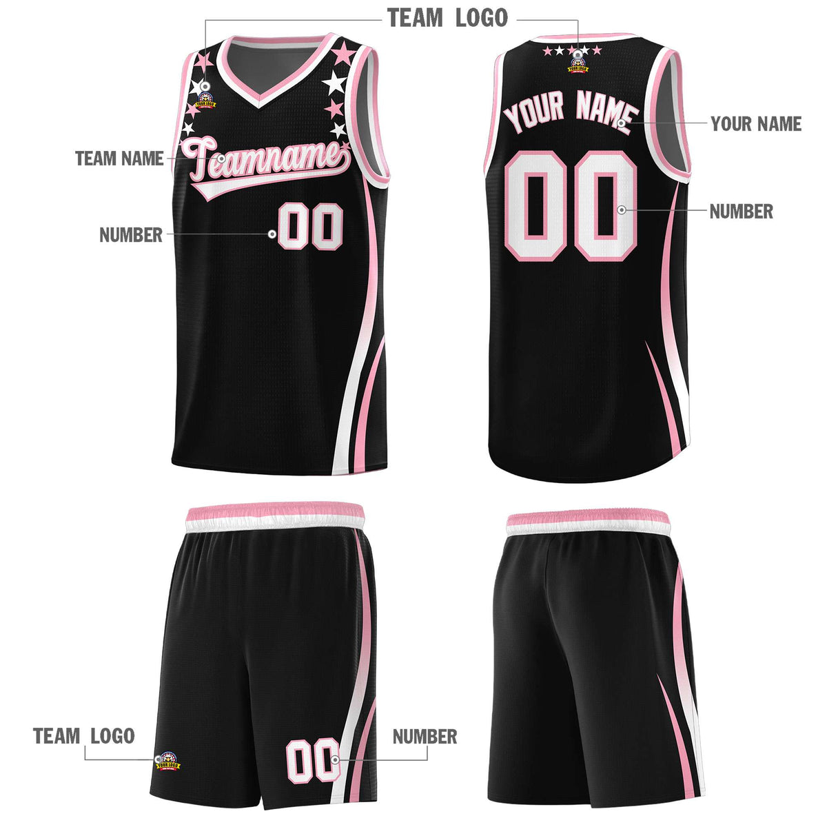 Custom Black Shoulders Star Pattern Side Color Block Sports Uniform Basketball Kits