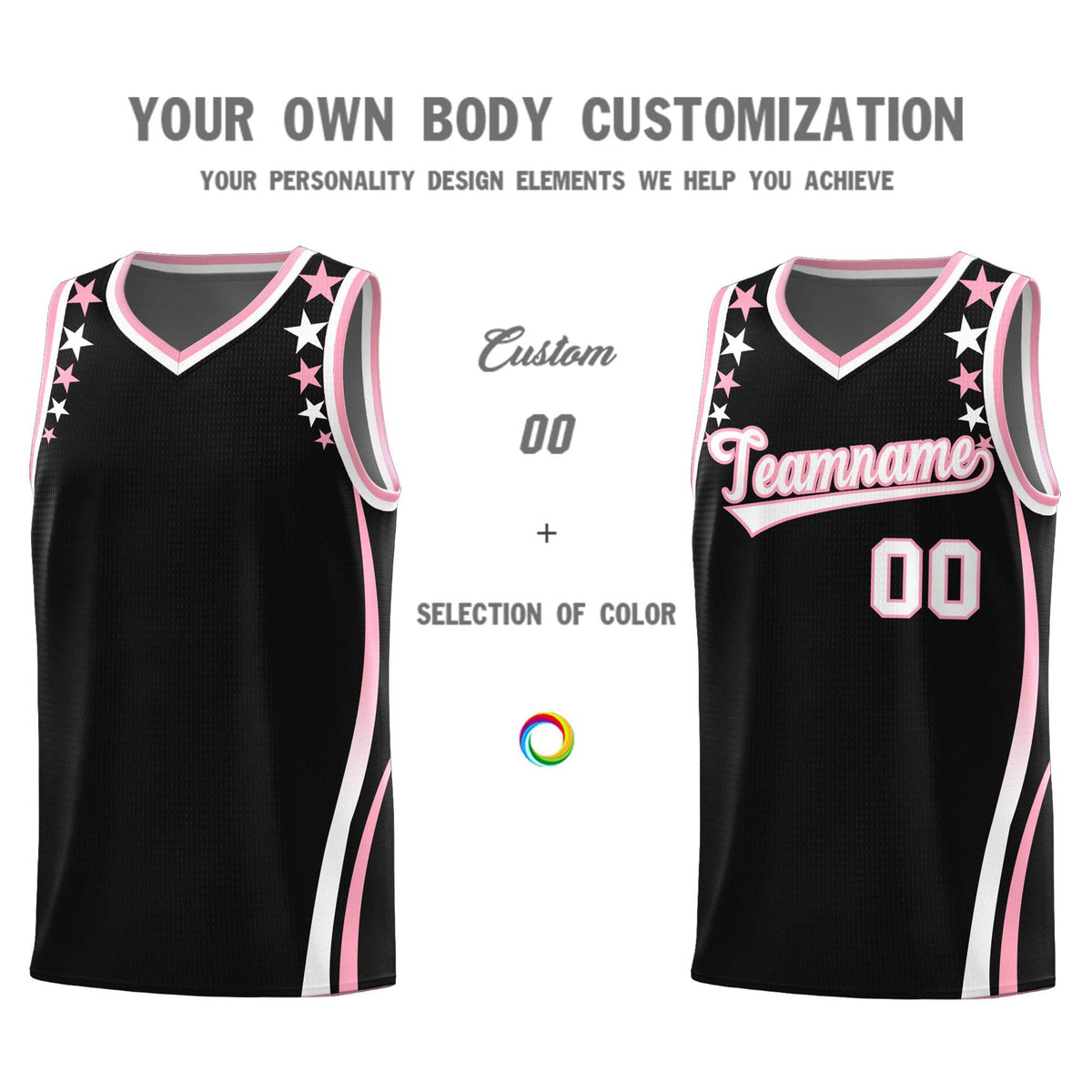 Custom Black Shoulders Star Pattern Side Color Block Sports Uniform Basketball Kits