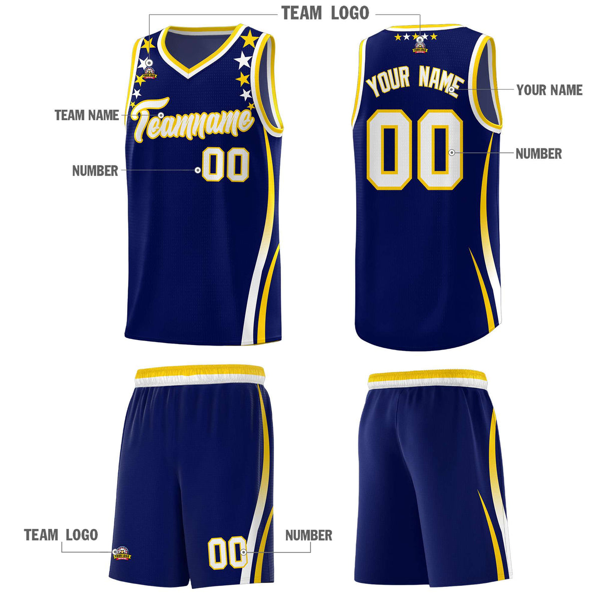 Custom Navy Shoulders Star Pattern Side Color Block Sports Uniform Basketball Kits