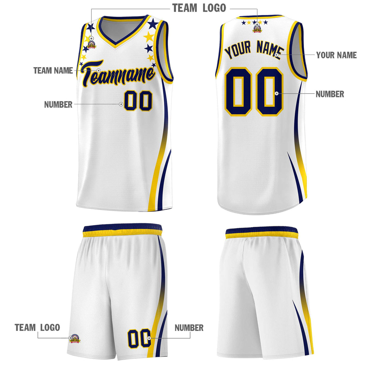 Custom White Shoulders Star Pattern Side Color Block Sports Uniform Basketball Kits
