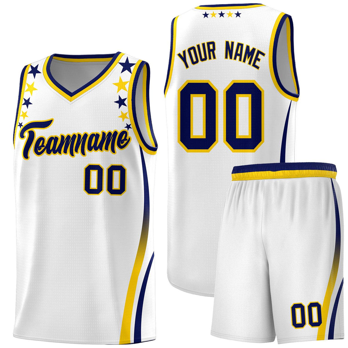 Custom White Shoulders Star Pattern Side Color Block Sports Uniform Basketball Kits