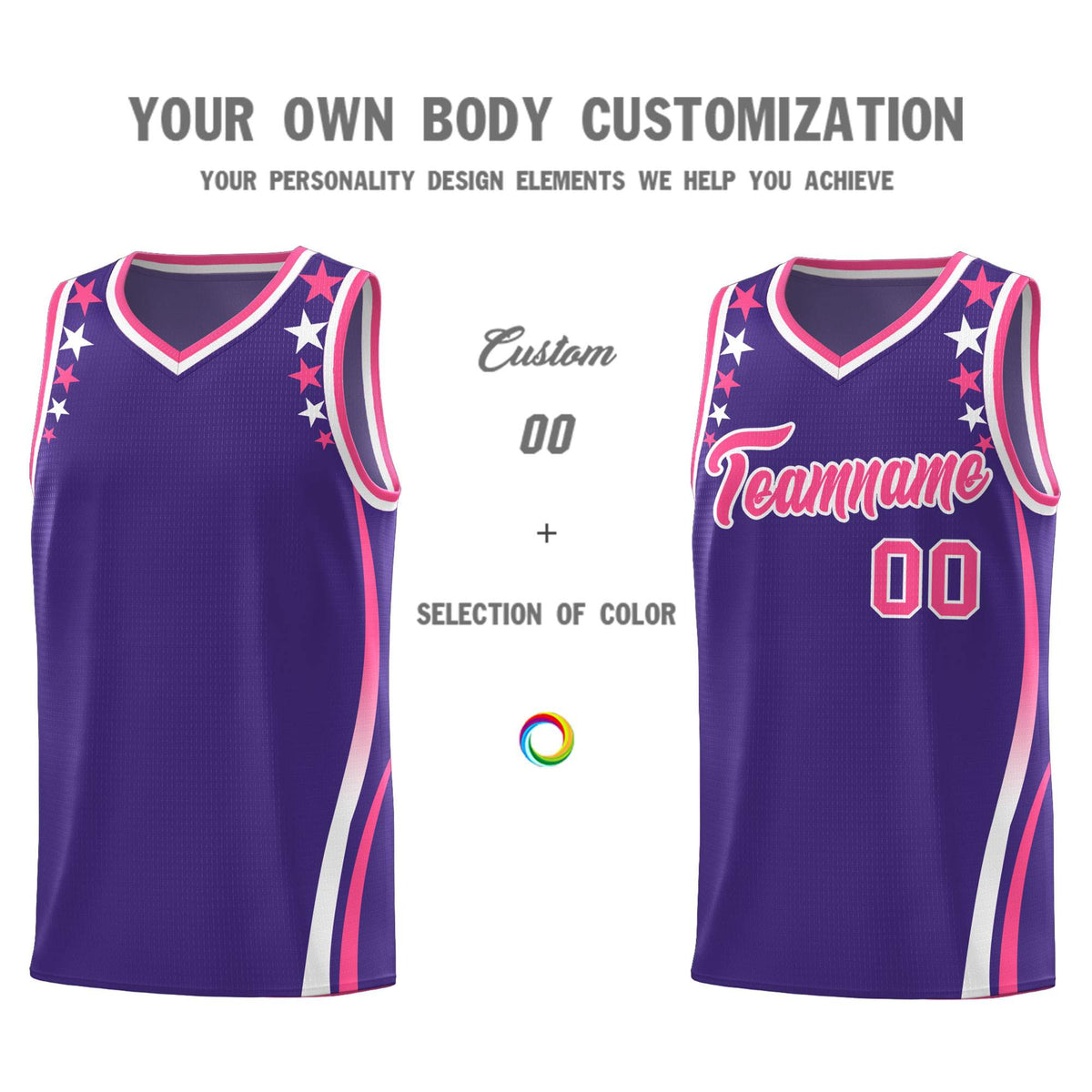 Custom Purple Shoulders Star Pattern Side Color Block Sports Uniform Basketball Kits