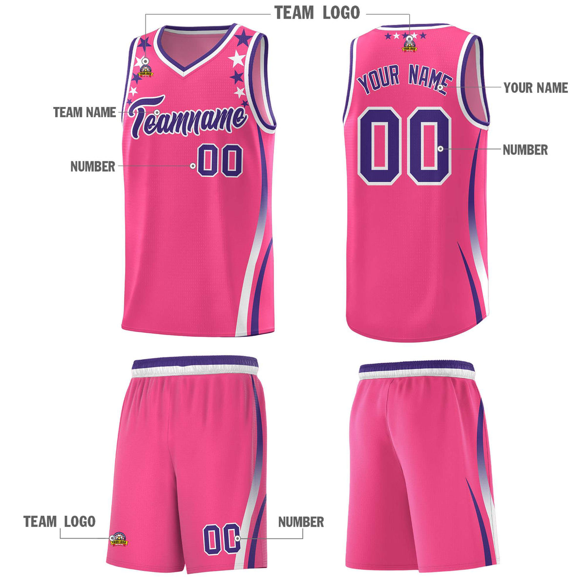 Custom Pink Shoulders Star Pattern Side Color Block Sports Uniform Basketball Kits