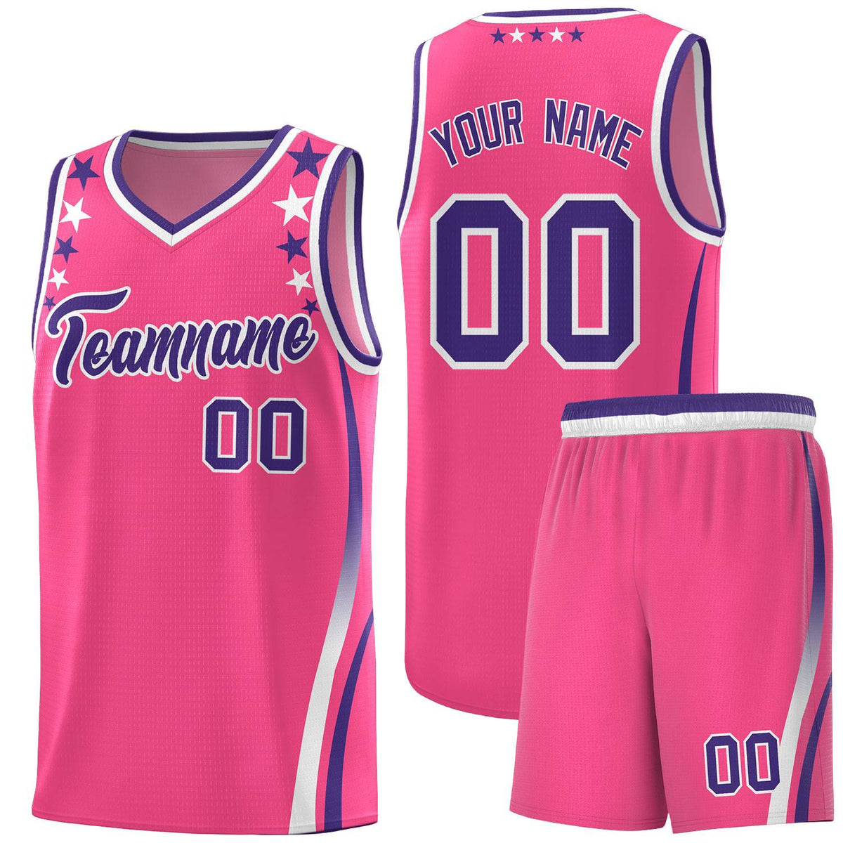 Custom Pink Shoulders Star Pattern Side Color Block Sports Uniform Basketball Kits