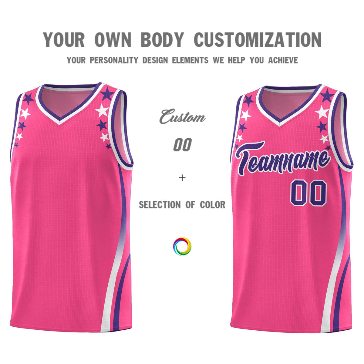 Custom Pink Shoulders Star Pattern Side Color Block Sports Uniform Basketball Kits