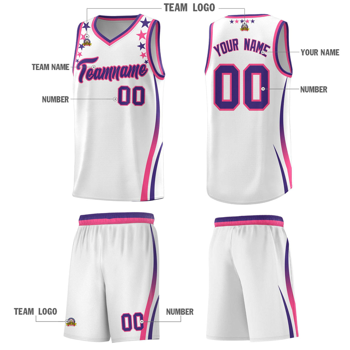 Custom White Shoulders Star Pattern Side Color Block Sports Uniform Basketball Kits