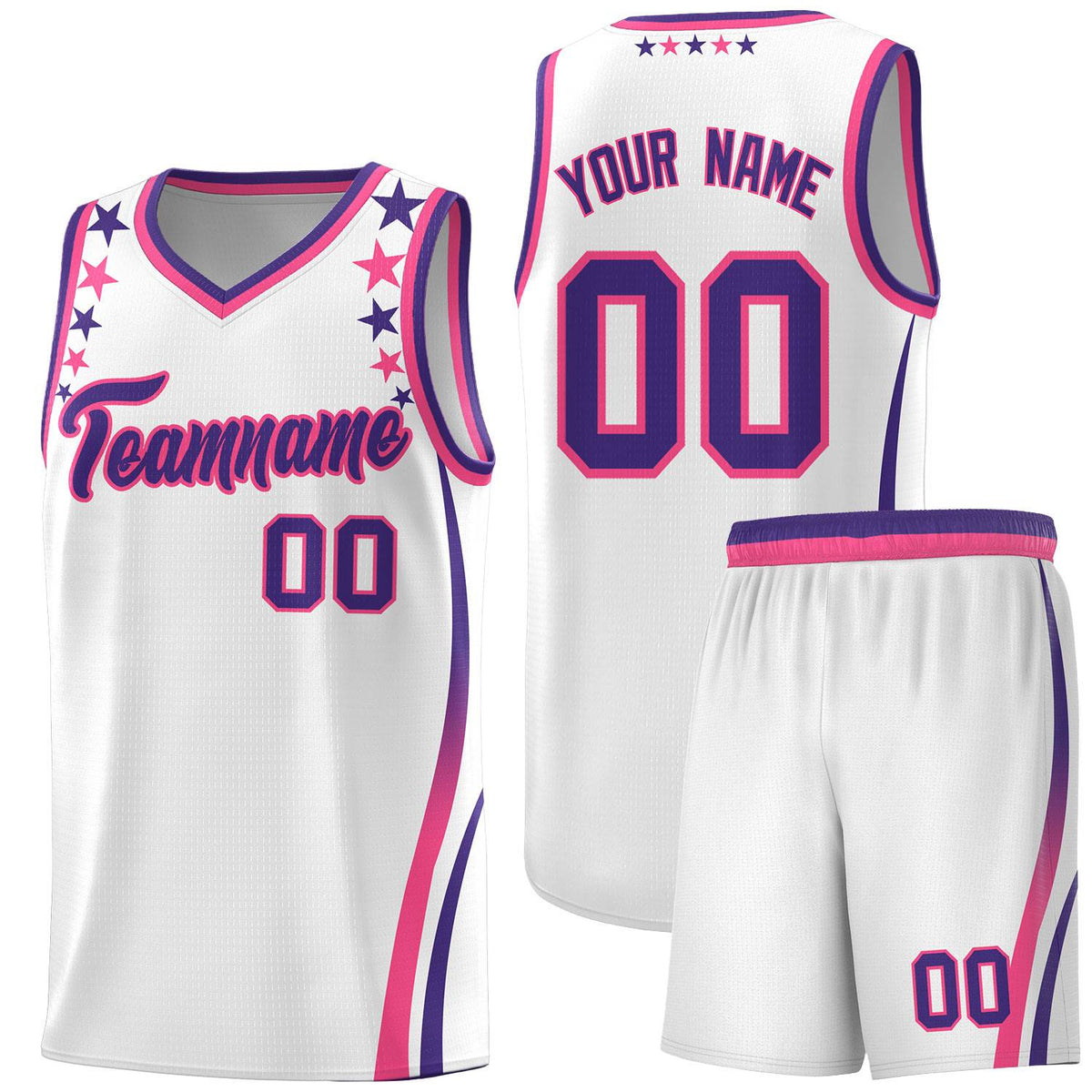 Custom White Shoulders Star Pattern Side Color Block Sports Uniform Basketball Kits