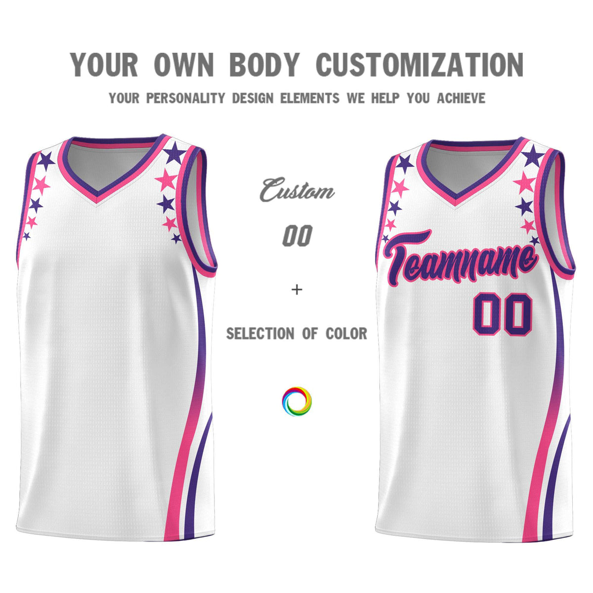 Custom White Shoulders Star Pattern Side Color Block Sports Uniform Basketball Kits