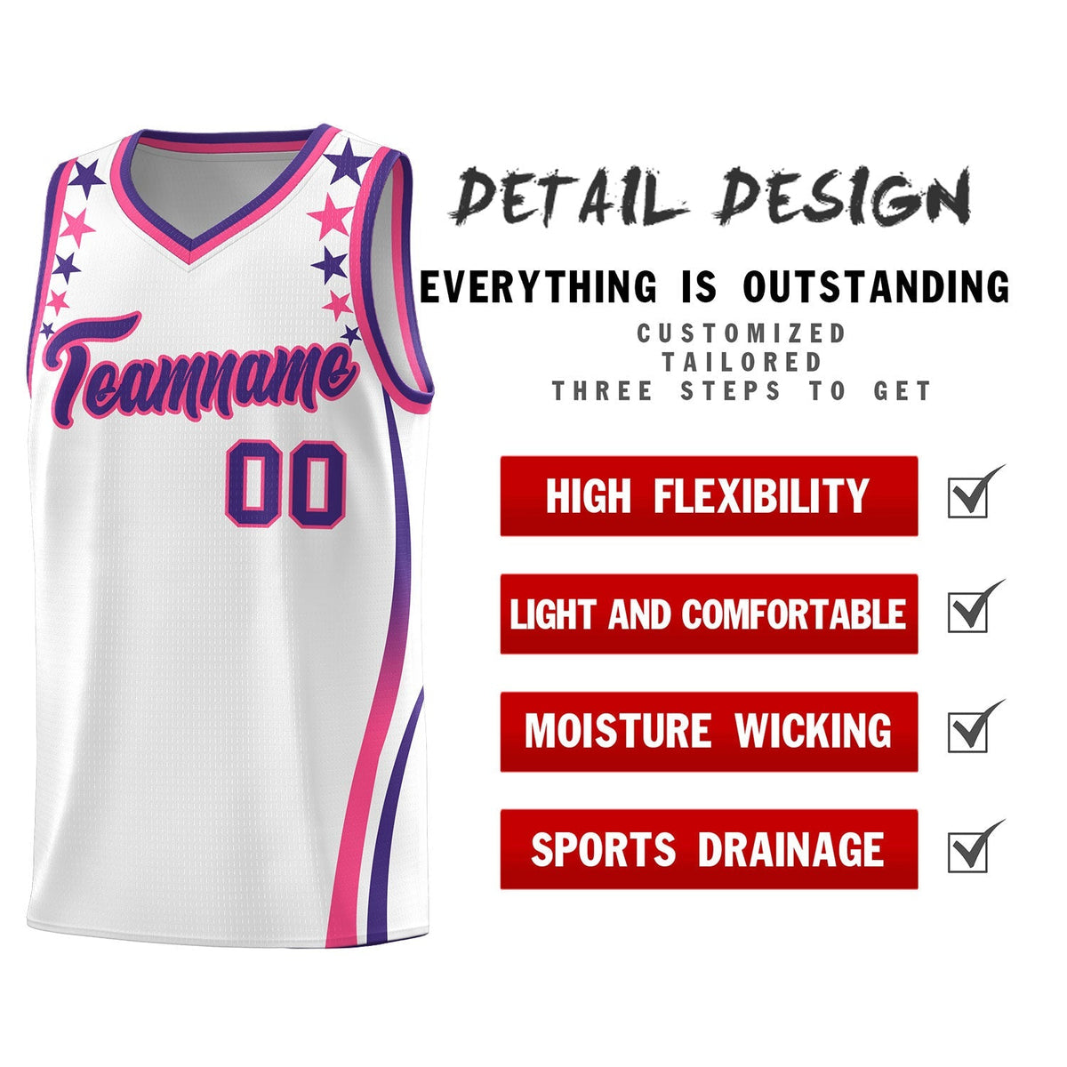 Custom White Shoulders Star Pattern Side Color Block Sports Uniform Basketball Kits