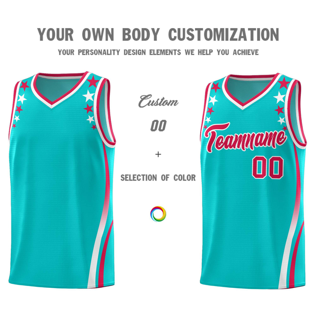 Custom Sky Blue Shoulders Star Pattern Side Color Block Sports Uniform Basketball Kits