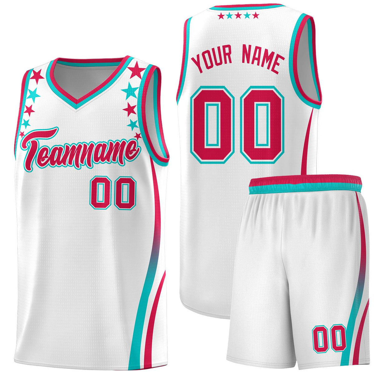 Custom White Shoulders Star Pattern Side Color Block Sports Uniform Basketball Kits