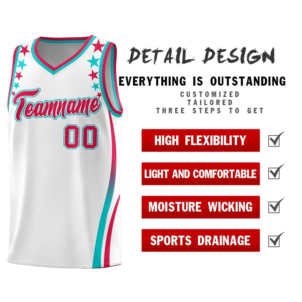 Custom White Shoulders Star Pattern Side Color Block Sports Uniform Basketball Kits