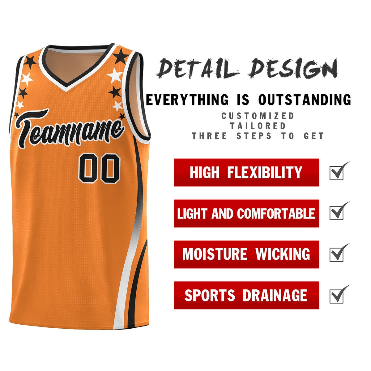 Custom Orange Shoulders Star Pattern Side Color Block Sports Uniform Basketball Kits