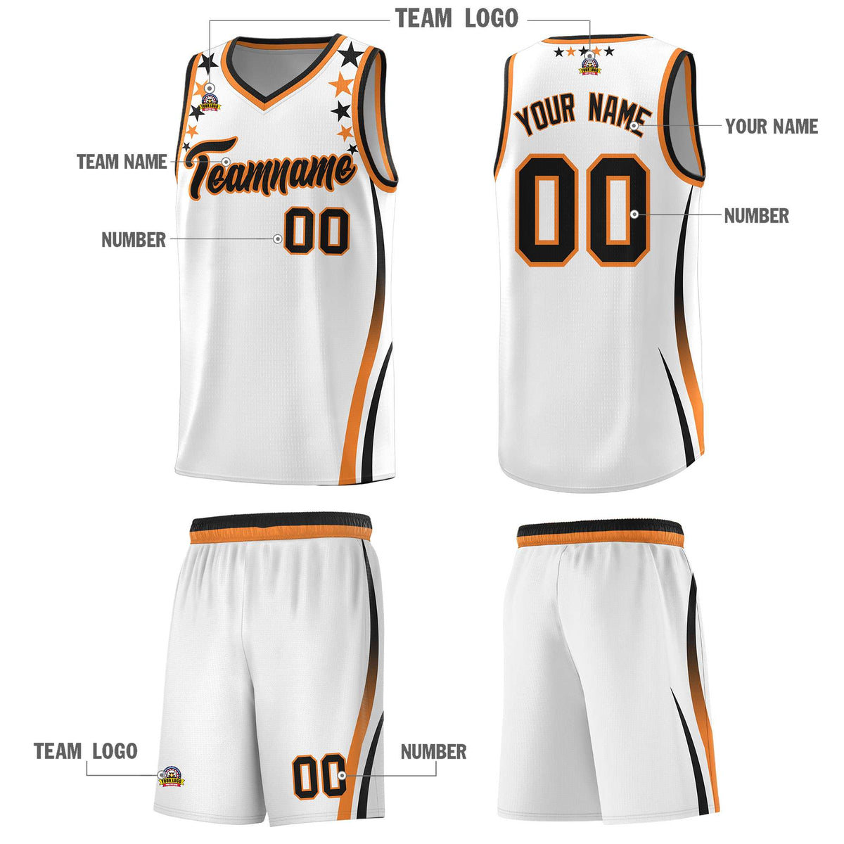 Custom White Shoulders Star Pattern Side Color Block Sports Uniform Basketball Kits