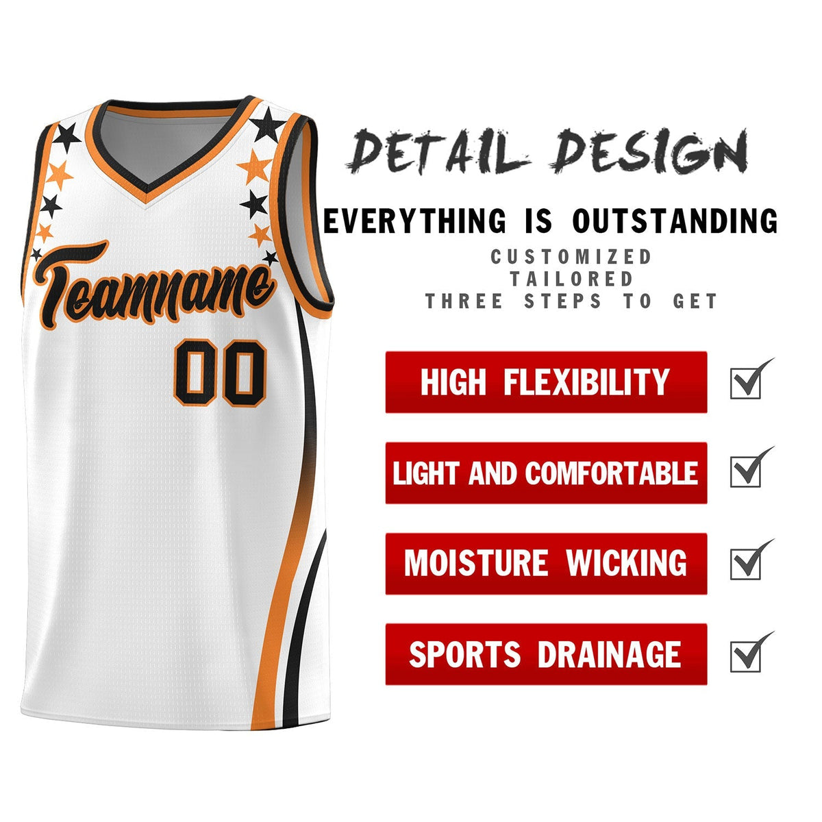 Custom White Shoulders Star Pattern Side Color Block Sports Uniform Basketball Kits