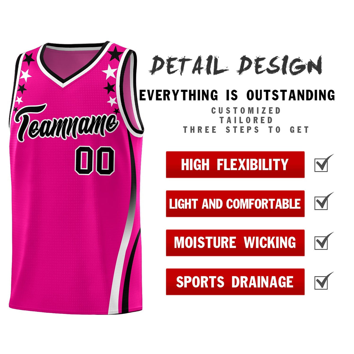 Custom Red Shoulders Star Pattern Side Color Block Sports Uniform Basketball Kits