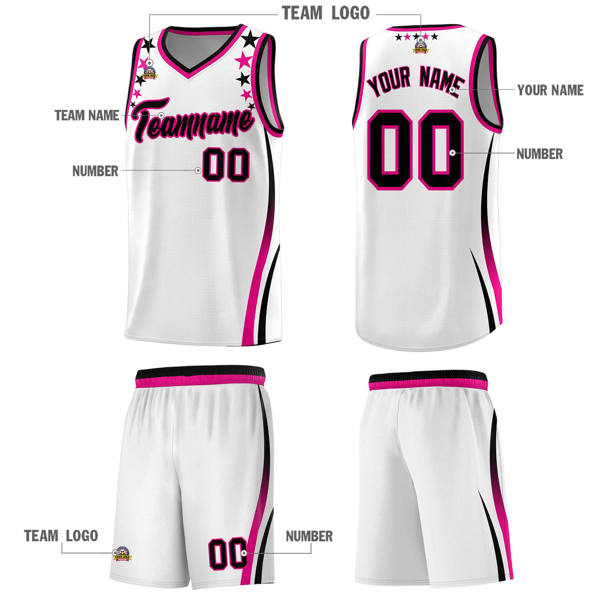 Custom White Shoulders Star Pattern Side Color Block Sports Uniform Basketball Kits