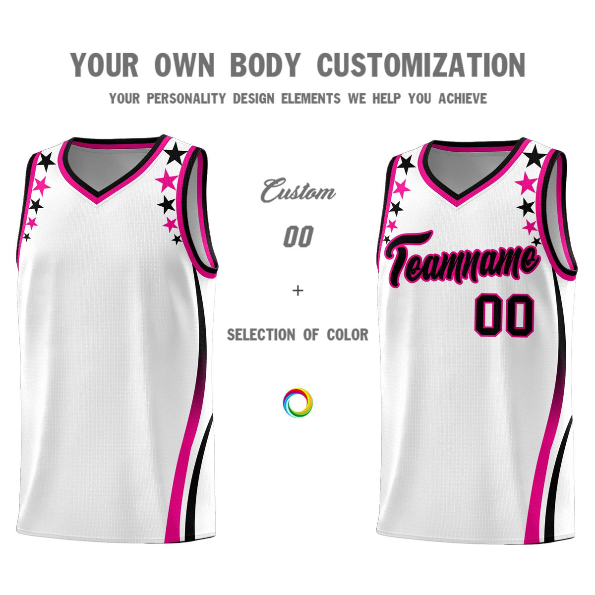 Custom White Shoulders Star Pattern Side Color Block Sports Uniform Basketball Kits