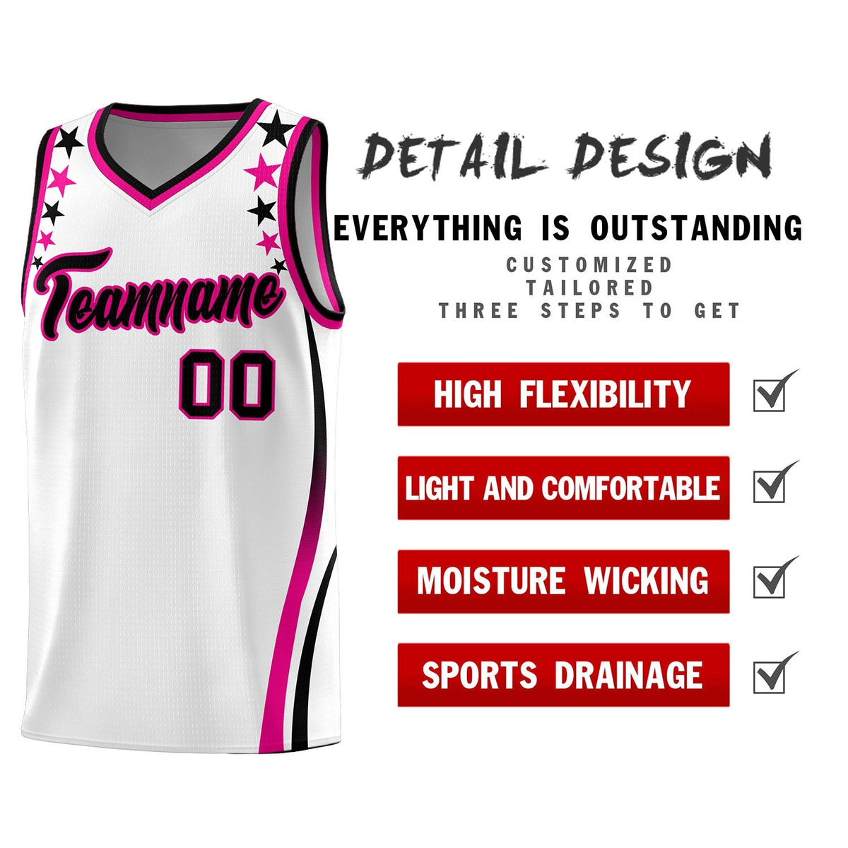 Custom White Shoulders Star Pattern Side Color Block Sports Uniform Basketball Kits